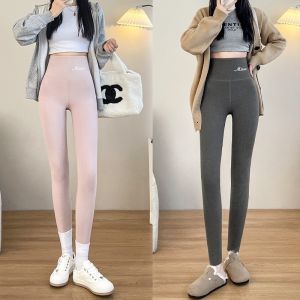 Autumn Winter Warm Trousers Womens Double-sided Lamb Velvet High Waist Seamless Slimming Base Layer Pants Casual Nine-Piece Pants