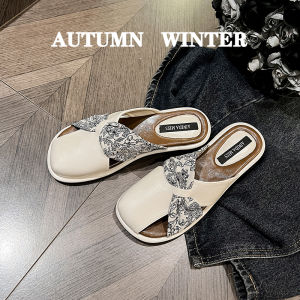 French Style Flat Bottom Mules Womens Summer Outdoor Fashionable Slippers Half Slippers Covering Head Ultra-Fine Fiber