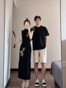 New Chinese Style Couple Matching Summer Short Sleeve T-Shirt And Qipao Dress High Waist Knitted Cotton Retro Design