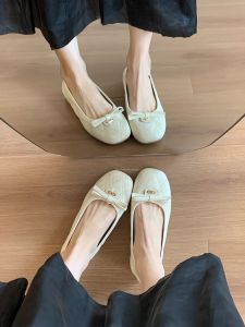 Hong Kong Genuine Leather Flat Bottom Butterfly Knot Semi-Up Booties Womens Summer New Fashion Slip-On Casual Evening Shoes