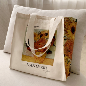 Art Museum Van Gogh Sunflower Oil Painting Zip Canvas Bag Shoulder Bag Large Shopping Bag Student Schoolbag