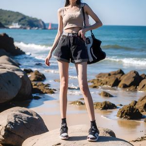 High Waist Straight Leg Distressed Denim Shorts Womens Black Grey INS Trendy Color Block Frayed Hem A-Line Wide Leg Shorts