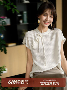 New Chinese Style 19mm Jacquard Silk Shirt Small Collar Bow Short Sleeve