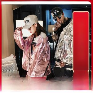 HipHop Hip Hop Performance Couple Loose Plus Size Jacket Star Same Style Hip Hop Jazz Dance Silver Shiny Surface Leather Coat