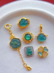 S925 Antique Silver Plated Gold Accessories Embedded Natural Jade Gourd Wealth God Yuanbao Spacer Bead Pendant Drop Earring