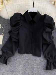Elegant French Vintage Turn-down Collar Womens Shirt Summer Design Unique Black Petal Bubble Sleeve Stylish Top