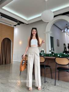 ♻️New♻️ กางเกงขากระบอกกลาง แต่งขอบกุ้น ผ้าสลาฟซิปข้าง ขอบเอว2.5