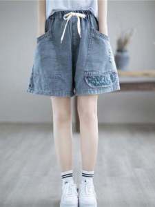 Retro Hole High Waist Skinny Jeans Shorts Womens Embroidery Patchwork Loose Thin Summer Fashion plus Size Pocket Handkerchief