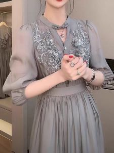 Plus Size Womens Summer Chic French Style Embroidered Beads Cover Belly Long Dress Plump Girls Appears Slim Soft Scattered Flower Dress