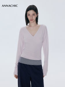 ANNACHIC | Áo Thun Tay Dài V-Neck Thời Trang Giúp Gọn Người