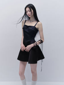 Elegant Black Satin Wrap Waist Dress with Strap Butterfly Knot Short A-Line Skirt for Young Women Spring Summer Season
