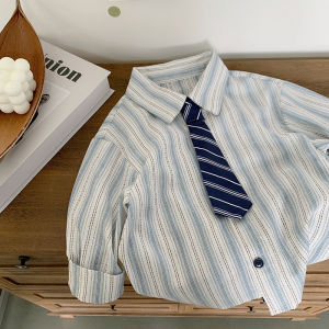 Áo Sơ Mi Bé Trai Dài Tay Thời Trang/ Phong Cách Sọc Phong Cách Hồng Kông Có Cà Vạt Cotton Vải Bông Và Polyester Mặc Mùa Xuân Thoải Mái Mùa Thu