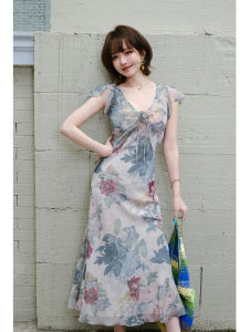 French Teatime Style V-neck Oil Painting Printed Dress