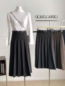 กระโปรงทรงเอเอวสูงทรงหลวมยาวปานกลางสำหรับผู้หญิง ฤดูใบไม้ร่วง 2025 กระโปรงทรงเอทรงหลวมยาวคลุมเข่า
