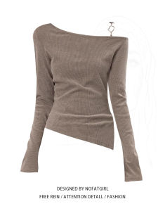 plus Size Slim Fit Long Sleeve Asymmetrical Shoulder T-Shirt for Women Autumn New Style Fashionable Casual Comfortable Top