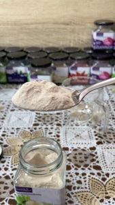 ผงกล้วยดิบออร์แกนิก ตราดอนม่วง ปราศจากน้ำตาล บรรจุกล่องพลาสติก 80 กรัม