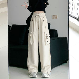 กางเกงทำงานสีขาว ทรงหลวม ทรงหลวม กางเกงขายาวทรงตรงเอวสูง กางเกงขายาวลำลองสไตล์ย้อนยุค สไตล์อเมริกัน กางเกงขายาวทรงสปอร์ตสำหรับผู้หญิง