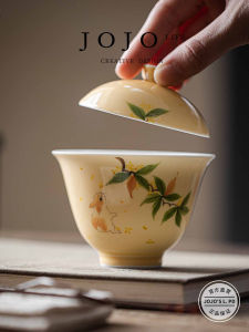 Hand-Painted Ceramic Rabbit Cover Bowl Glazed under Color Tea Set Jojos L Pd Shiny Vibrant Cartoon Design Specialty Tea Cup