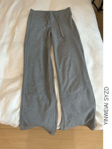 กางเกงขายาวทรงหลวมสีเทาลำลองสไตล์อเมริกันสำหรับผู้หญิง กางเกงโยคะทรงหลวมเอวสูง กางเกงขายาวทรงหลวมสำหรับฤดูใบไม้ร่วงและฤดูหนาว