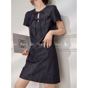 PlumJan | Đầm Mini A-line Tay Ngắn Phong Cách Mới từ Pháp có Nơ
