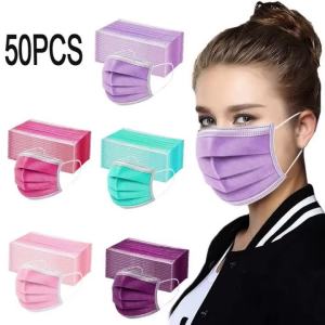 50pcs Women Man Solid Disposable Face Mask 3ply Ear Loop Anti-Pm2.5 Mask Fan Purple Disposable Mask Dustproof And Aesthetically
