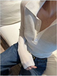 HUOLISI | White Knit Thick Polo Collar Womens Underwear Shirt