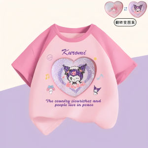Childrens Summer Cotton T-shirt Short Sleeve round Neck Pure Cotton Half Sleeve Shoulder Insertion Glitter Cute Girls Top