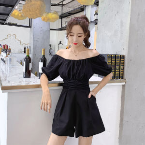 Summer New High Waist One-Piece Short Pants Set Womens Korean Style Commute Wide Leg Square Collar Shoulder Baring Outfit