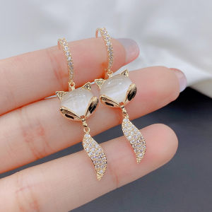 Elegant Fashionable Micro-Paved Cats Eye Stone Fox Ear Studs Womens Trendy Drop Earrings Stylish Accessory Cubic Zirconia