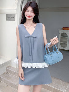 YINLUOYA | Summer Outfit Set Womens French Bow Hem Lace Splicing Design Top Matching Short Skirt Two-Piece Set Elegant Chic V-Neck Ensemble