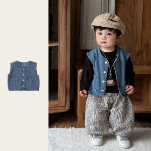 Cute Baby Boy Denim Vest Outfit Set Trendy Streetwear Three-piece Suit Autumn Clothes Cotton Polyester Blend Child Size