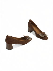 French Retro Flat Shoes Soft Sole Calf Leather Brown Square Heel