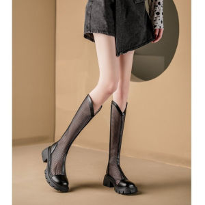 Leather Mesh Hollow out Boots Womens Long Tube Thin Breathable Thick Heel Boot Summer New Style Fashionable round Toe Zipper Closure