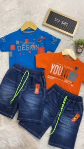 Setelan Anak Laki Laki Baju dan Celana Pendek Jeans Atasan Kaos Katun Anak Laki-Laki Usia 2-12 Tahun