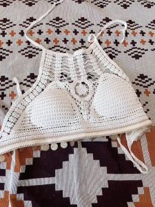 FASHLOVER Crochet Top Beach Wear crochet swimwear Tassel Hanging Knitted Swimwear Top Outfit For Women