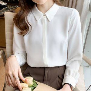 Áo Sơ Mi Trắng Satin Phong Cách Hàn Quốc Mùa Xuân 2025 Cho Nữ Áo Sơ Mi Công Sở Thường Ngày Dài Tay Cổ Polo Màu Trơn