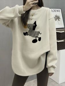 Thickened Fleece Womens Long Sleeve T-Shirt Mid-Length Korean Style Commute Fashion Print Loose Fit Winter Season Base Shirt