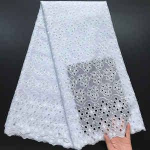 African Cotton Lace Fabric - 5Yards Embroidered Nigerian Swiss Voile With Crystal Stones For Wedding Party & Special Occasion