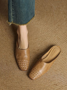 Summer Fashionable Braided Square Toe Leather Mules