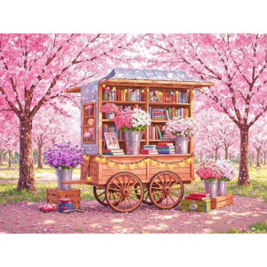 Jigsaw Puzzle 500 1000 1200 2000pcs Beautiful Cherry Blossom Tree Next To Bookshelf With Flowers For Adults Relaxing Activity