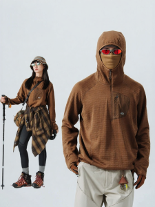 Outdoor Merino Wool Fleece Hoodie Antibacterial Lock Temp Half Zip