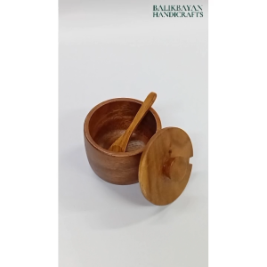 Acacia Salt Box with Spoon 3.5 x 3.75"