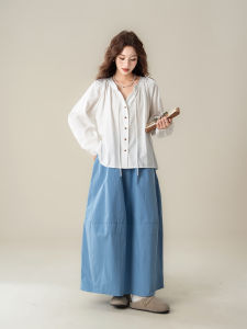 SHANGWEILUO | Áo Sơ Mi Dài Tay cổ V Đính Nơ Trắng Vintage