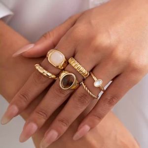 Ingemark | Ingemark 6Pcs/Set Trendy Geometry Acrylic Rings Set for Women Retro Elegant Irregular Gold Color Chic Rings Aesthetic Jewelry
