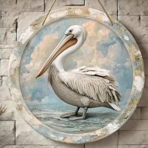 CIFbuy | Pelican Coastal Wall Art 8x8 Inches Round Wood Sign 2D Print Home Decor for Living Room Kitchen Office Bar Cafe Holiday