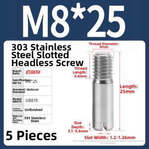 BAIRUITE | Positioning Pin Screw With External Thread and Slot 303 Stainless Steel