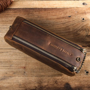 CONTACTS FAMILY Genuine Leather Zipper Pen Pencil Case Handmade Vintage Creative Standable School Stationary Pouch Large Capacity Pencil Bag