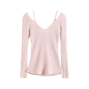 สีชมพู คอวี ปิดไหล่ เสื้อสเวตเตอร์ ผู้หญิง ฤดูใบไม้ร่วง ฤดูหนาว Slim-fit ถัก เสื้อท่อนบน Charming Bottoming เสื้อสํานักงานเดินทางสไตล์แขนยาว