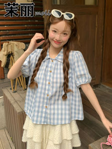 Áo Sơ Mi Nữ Tay Bồng Cổ Búp Bê Thanh Lịch Kẻ Caro Trẻ Trung Mùa Hè 2025 Áo Sơ Mi Cổ Polo Dáng Rộng Thường Ngày Chống Tia UV