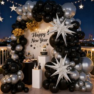 108-Piece Black and Silver Balloon Arch Kit 22inch Silver Explosion Stars Paired with Black and Silver Latex Balloons Suitable for 2026 New Year Parties Graduation Ceremonies Birthdays Bachelor Parties and Decoration Balloons